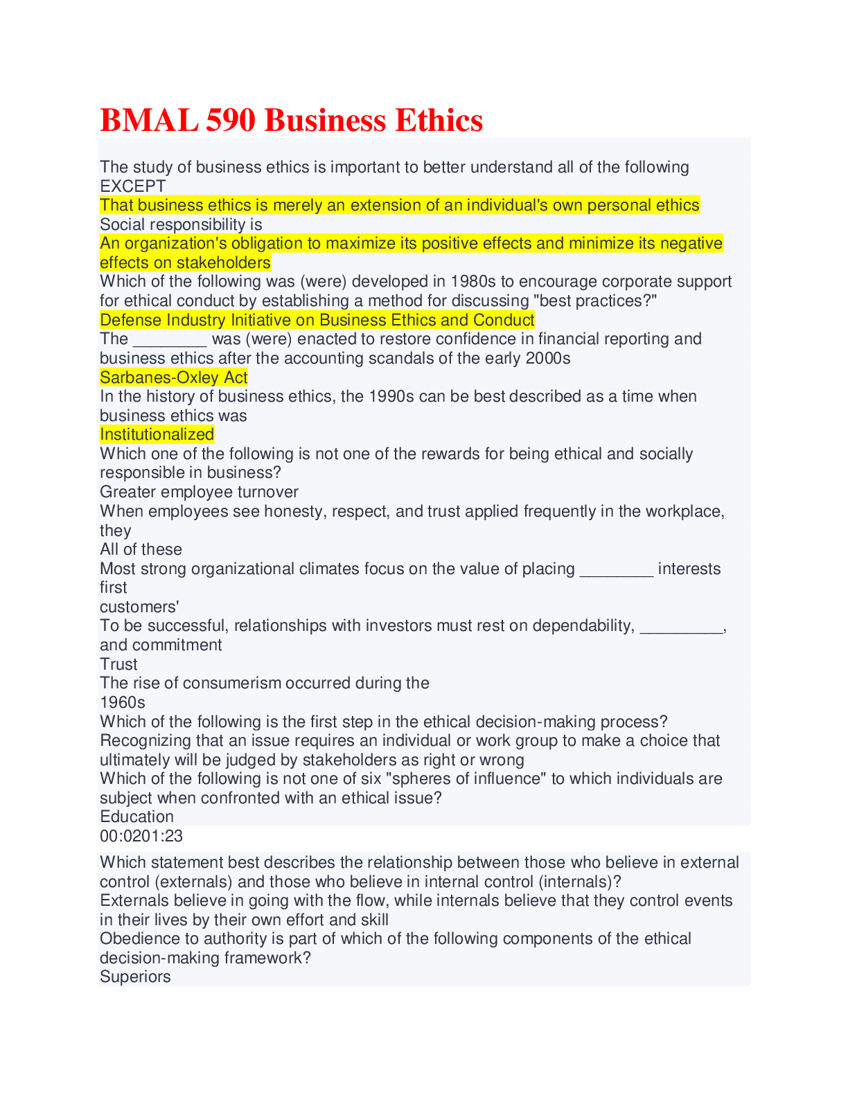 Preview of BMAL 590 Business Ethics Exams with Correct Answers/Rated A+